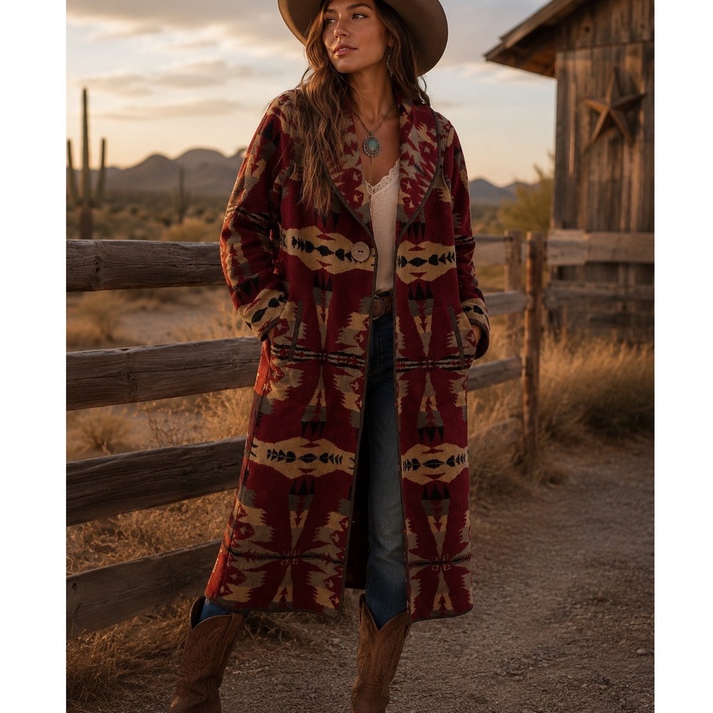 Tasha Polizzi Cardinal Frontier Coat Red Southwestern Western Duster M mm